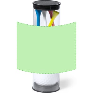 A clear cylindrical container with golf tees in blue, red, and yellow, along with a golf ball inside.