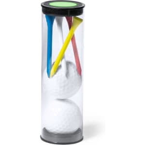 A transparent cylinder containing two white golf balls and three coloured tees (red, blue, yellow). It has a lid.