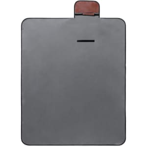 A grey picnic blanket with a brown handle and a logo on the side, designed for outdoor leisure activities.