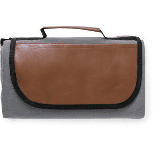 A grey picnic blanket with a brown leather flap and a handle for easy carrying. It features a simple design for outdoor use.