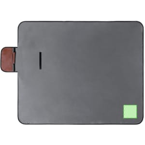 A grey picnic blanket with a brown pocket and a small green square, featuring a logo in the corner.