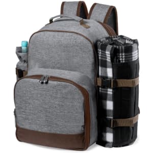 A grey picnic cool bag backpack with brown accents, featuring a drink bottle pocket and a rolled-up blanket.