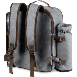 A grey cooler bag backpack with brown straps and a side pocket for a drink bottle. It features a simple logo.