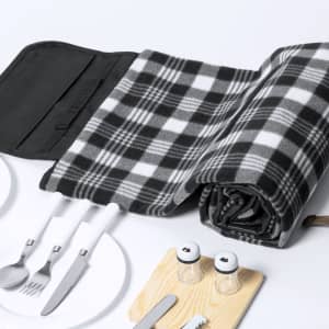A black and white checked picnic blanket rolled out alongside cutlery, plates, and seasoning containers.