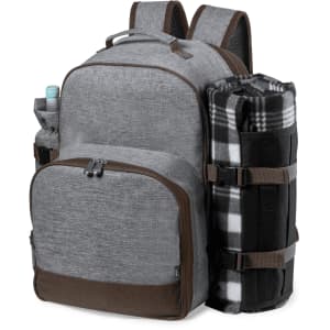 A grey backpack cooler bag with brown accents, featuring a drink bottle holder and a rolled blanket secured on the side.