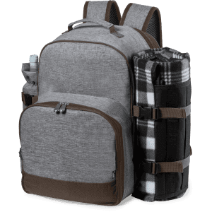 A grey cooler bag backpack with a brown base, featuring a side pocket and a rolled-up blanket secured on the side.
