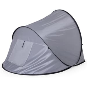 A grey pop-up tent with a rounded shape, featuring a side opening and a black trim, marketed for outdoor use.