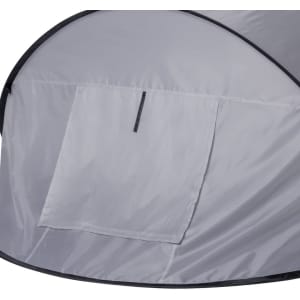 A grey tent with a side access pocket, featuring a simple and practical design.