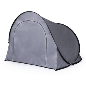 A grey tent with a rounded top, featuring a black trim and an entrance. It has a logo on the side.