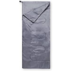 A grey sleeping bag with a smooth texture and a wave pattern, featuring a logo on the side.