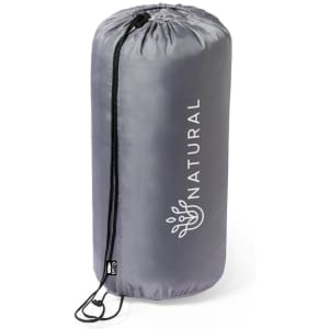 A grey sleeping bag with a drawstring closure, featuring a logo and a smooth fabric texture.