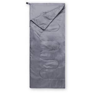 A grey sleeping bag with a smooth texture, featuring a folded design and a small branding logo.