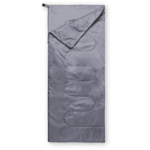 A grey sleeping bag with a smooth, wavy pattern, featuring a zip and a branded tag.