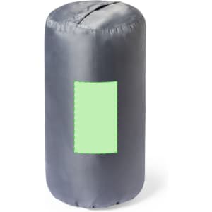 A grey sleeping bag with a rounded shape and an empty panel, featuring a logo or branding.
