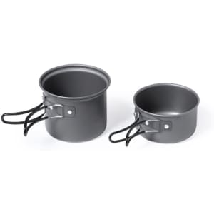 A grey camping cookware set featuring two pots with black handles. Includes one larger and one smaller pot.
