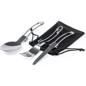 A stainless steel camping cutlery set featuring a spoon, fork, and knife, contained in a black pouch.