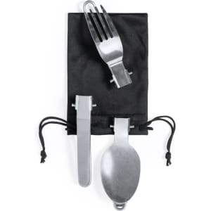 A stainless steel camping cutlery set with a spoon, fork, and knife, contained in a black drawstring pouch.