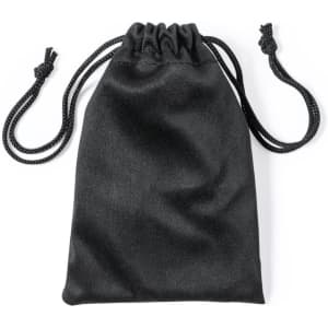 A black drawstring pouch made from fabric, suitable for storing small items.