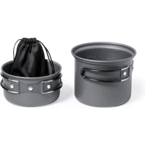 A camping cookware set featuring two grey pots with handles and a black fabric pouch for storage.