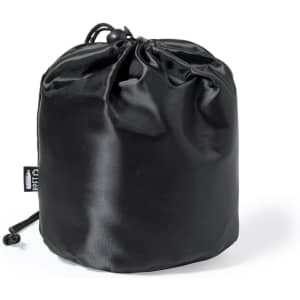 A black drawstring bag made of smooth material, suitable for storing camping or picnic items.