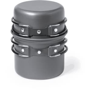 A grey camping cookware set stacked with metal clips, featuring two cylindrical containers.