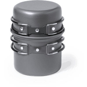 A grey camping cookware set featuring two stackable pots secured with metal clips. Includes a logo.