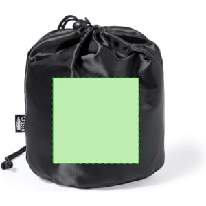 A black drawstring bag designed for storing items, featuring a blank square area on the front.