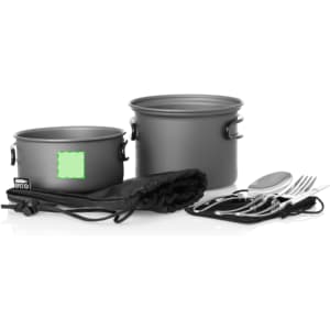A grey camping cookware set featuring two pots, utensils, and a storage bag. Includes a branded logo.