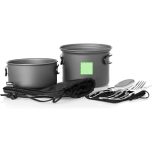 A grey camping cookware set featuring pots, cutlery, and a storage bag, ideal for outdoor dining.