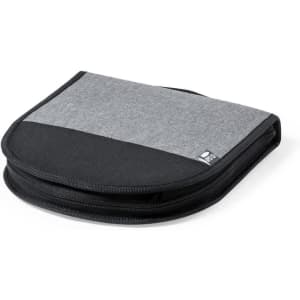 A picnic set featuring a grey and black zippered carrying case with a logo.