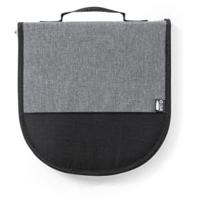A grey picnic set carrier with a black bottom and a handle. It features a logo on the side.