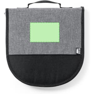 A grey picnic set bag with a black bottom and a blank area for branding, featuring a handle on top.