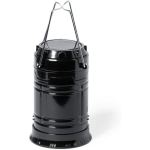 A black power bank lamp with a sleek design and a metallic handle for easy portability.