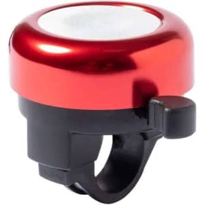 A red and black bike bell with a shiny metallic finish and a lever for ringing. It features a simple design.