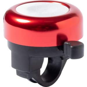 A red bike bell with a metallic finish and a black mount and lever. It features a simple, round design.