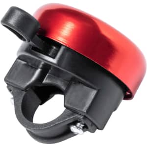 A red Tolfen bike bell with a black base and mounting bracket, featuring a shiny metallic finish.