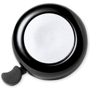 A black bike bell with a shiny silver surface and a small lever on the side. It features a logo.