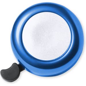A blue bicycle bell with a shiny silver surface and a black lever for sound.