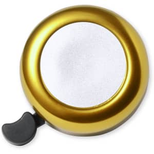 A gold bike bell with a sleek silver centre and a black lever on the side.
