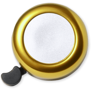 A round bike bell in gold and silver, featuring a black lever on the side.