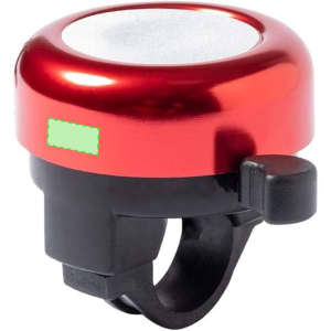 A red bicycle bell with a shiny surface and a black mounting bracket. It features a lever for ringing.