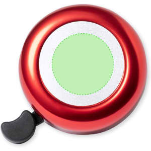 A shiny red bike bell with a silver centre and a black lever for ringing.