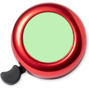 A red bike bell with a black lever and a blank green circular area on top.