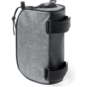A grey and black scooter bag with a textured surface and adjustable straps. It features a logo.