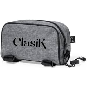 A grey bag with a zip closure and adjustable straps, featuring a logo on the front.