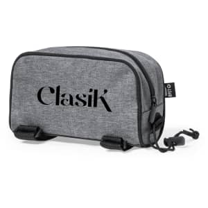 A grey zippered bag with a black logo, featuring a streamlined design and two straps on the side.