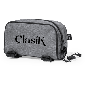 A grey zipped bag with branding, featuring a textured fabric and side straps. Ideal for various storage needs.