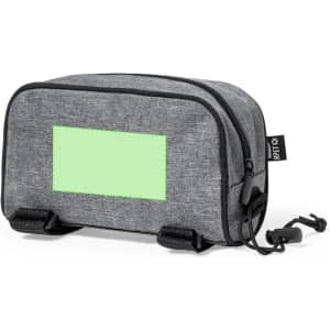 A grey pouch bag with a front panel and zipper closure, featuring a branding logo.