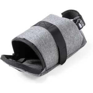 A grey bike bag with a black strap and an opening, featuring a logo on the side.