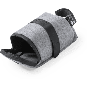A grey bike bag with a black strap and lining, featuring a zipper closure and a logo.